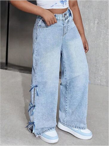 WDIRARA Girl's Cute Bowknot Elastic Waist Jeans High Waisted Straight Leg Denim Pants in Kuwait