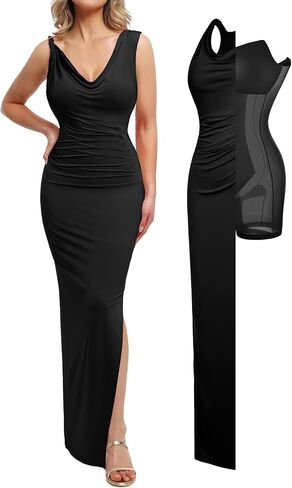 Popilush Formal Dresses for Women - Shapewear Cowl Neck Maxi Ruched Bodycon Gowns with Slit - Prom Dress Wedding Guest in Saudi Arabia