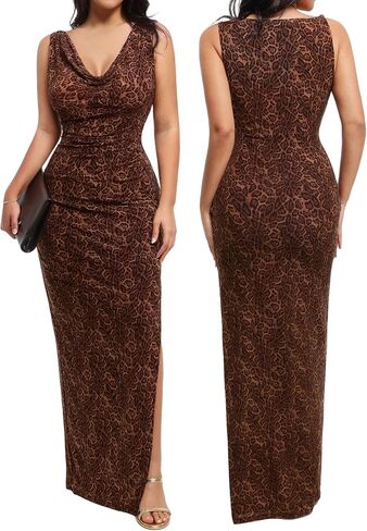 Popilush Formal Dresses for Women - Shapewear Cowl Neck Maxi Ruched Bodycon Gowns with Slit - Prom Dress Wedding Guest in Saudi Arabia
