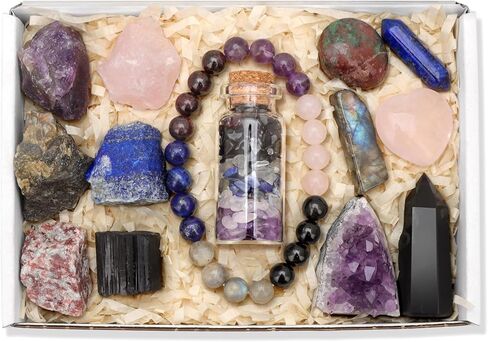 GolbalJew 14 Pcs Crystals and Healing Stones Set for Anxiety, with Bead Bracelet, Tumbled Crystals, Mini Crystals for Spell Jars, Raw Crystals, Natural Crystal Kit Gift for Beginners in Saudi Arabia