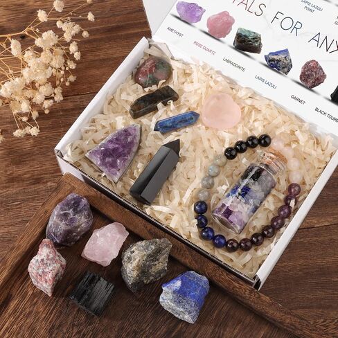 GolbalJew 14 Pcs Crystals and Healing Stones Set for Anxiety, with Bead Bracelet, Tumbled Crystals, Mini Crystals for Spell Jars, Raw Crystals, Natural Crystal Kit Gift for Beginners in Saudi Arabia