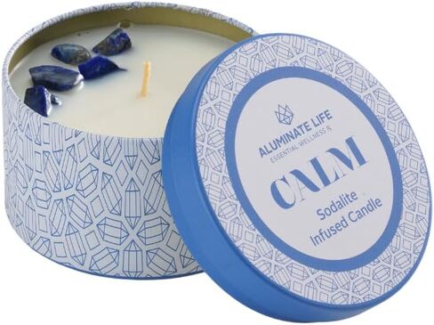 Luxury Candle Tin, 6 OZ, Calm - Sodalite Healing Crystal Infused - Scents of Chamomile, Howood, & Sage - Destress, Insight, Serenity, & Peace - Coconut Wax, Essential Oils in Saudi Arabia
