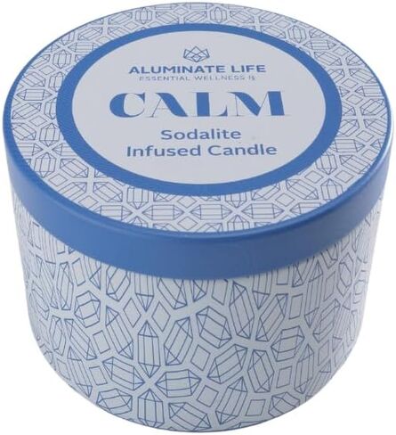 Luxury Candle Tin, 6 OZ, Calm - Sodalite Healing Crystal Infused - Scents of Chamomile, Howood, & Sage - Destress, Insight, Serenity, & Peace - Coconut Wax, Essential Oils in Saudi Arabia