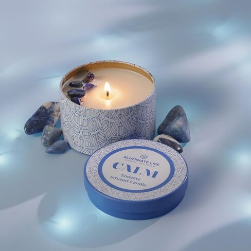 Luxury Candle Tin, 6 OZ, Calm - Sodalite Healing Crystal Infused - Scents of Chamomile, Howood, & Sage - Destress, Insight, Serenity, & Peace - Coconut Wax, Essential Oils in Saudi Arabia