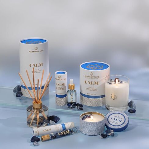 Luxury Candle Tin, 6 OZ, Calm - Sodalite Healing Crystal Infused - Scents of Chamomile, Howood, & Sage - Destress, Insight, Serenity, & Peace - Coconut Wax, Essential Oils in Saudi Arabia