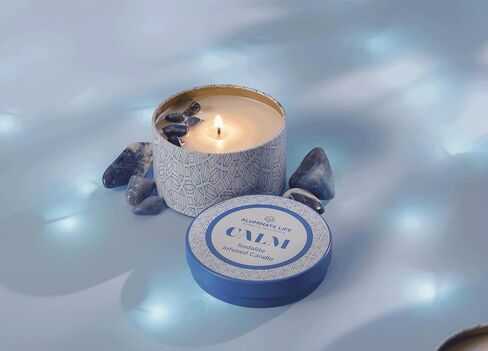 Luxury Candle Tin, 6 OZ, Calm - Sodalite Healing Crystal Infused - Scents of Chamomile, Howood, & Sage - Destress, Insight, Serenity, & Peace - Coconut Wax, Essential Oils in Saudi Arabia