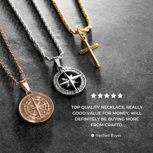 | Compass Pendant Necklace | 20.5" Chain Link with 20MM x 20MM Pendant | Waterproof, Heat & Sweat Resistant | Gifts for Men | Men's Jewelry | in Saudi Arabia