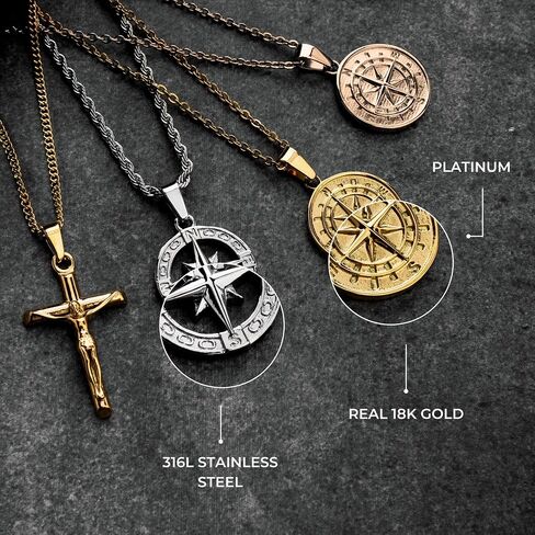 | Compass Pendant Necklace | 20.5" Chain Link with 20MM x 20MM Pendant | Waterproof, Heat & Sweat Resistant | Gifts for Men | Men's Jewelry | in Saudi Arabia