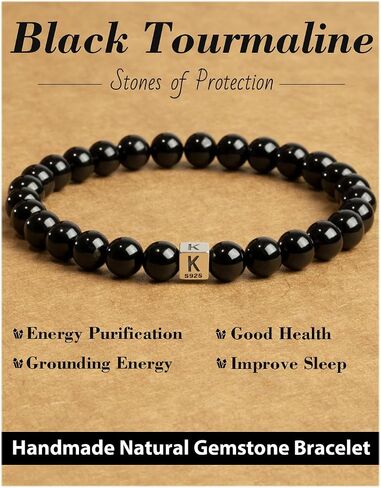 Handmade Healing Crystal Stretch Bracelets, 925 Sliver and 6MM Black Tourmaline Beads, Initial Bracelet for Women and Men, Letter A-Z Optional - K in Kuwait