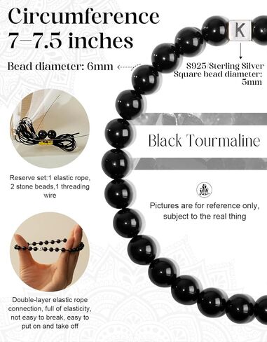 Handmade Healing Crystal Stretch Bracelets, 925 Sliver and 6MM Black Tourmaline Beads, Initial Bracelet for Women and Men, Letter A-Z Optional - K in Kuwait