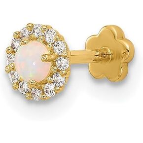 7mm 14k Solid Yellow Gold 18 Gauge Cubic Zirconia and Simulated Opal Screw Back Cartilage Body Jewelry 10x7mm Wide-Body Piercing-Screw for Women