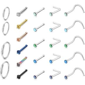 PiercingJ 25pcs 20G Stainless Steel Crystal Opal Nose Studs L Bone Screw Shaped Nose Rings Nostril Septum Hoops Body Piercing Jewelry for Women