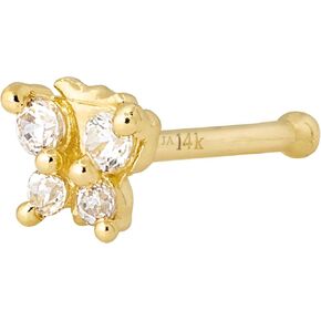 20G Solid 14K Yellow Gold 4-stone Butterfly Nose Stud, L-Shape, Nose Screw, Nose Bone Stud, CZ Accented
