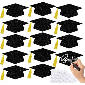 50Pcs Glitter Grad Caps Cutouts with 150Pcs Glue Points, Black Gold Graduation Cap Cut Table Decorations for 2025 High School College Graduation Party Supplies