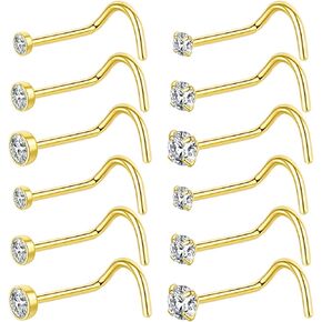 12Pcs Corkscrew Nose Studs L Shaped 18 20 Gauge Nose Piercings Nose Rings Studs Nostril Nose Piercing Jewelry Surgical Steel Nose Stud Nose Jewelry Real Nose Piercing Stud 18G 20G Screw Nose Rings Curved Nose Screw Studs for Women Men 2mm 2.5mm 3mm CZ Gol
