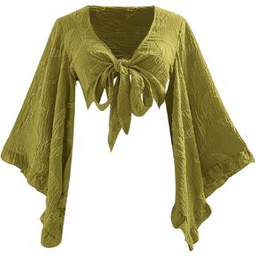 Women's Floral 70s Top Hippie Shirt Bow Tie Front Disco Deep V Ruffle Blouse