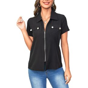 SweatyRocks Women's Casual Short Sleeve Collared Shirt Button Front Full Zip Up Blouse
