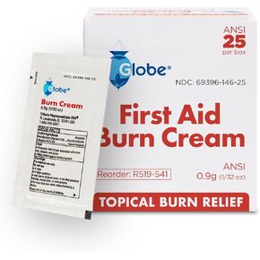 Globe First Aid Burn Cream 0.9g حزم ، (صندوق من 25) كريمة الإسعافات الأولية المتقدمة للتخفيف المؤقت من الحروق الطفيفة ، والقطع ، والخدوش