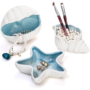 Topzea 3 Pack Seramic Jewelry Treshy ، Conch Starffish Aqua Shell على شكل طبق حلية محيط محيط ، حلية ، حامل حلقات حلقات حلقات زخرفية ،