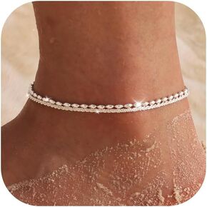 Moodear Sterling Silver Ankle Bracelets for Women - Dainty Layered Waterproof Anklet for Women Adjustable Glitter Gold Plated Anklets Stackable Moon Pendant Summer Beach Anklet Set for Women