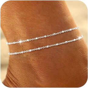Gold/Silver Anklets for Women,14k Gold/Silver Plated Evil Eye Ankle Bracelets for Women Waterproof Layered lightweight Cuban Link Figaro Chain Diamond Heart Anklet Summer Beach Jewelry Gift