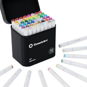 48 Colors Dual Tip Art Markers Set, Chisel and Brush Dual Tips, with Leak Prevent Drawing Mat, Alcohol Based Permanent Markers for Book Painting, Sketching Drawing, Coloring Illustration