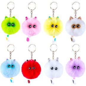 Niceup 8pcs Girls Cute Cat Fluffy Pom Pom Keychains Puff Ball Kitten Fuzzy Charms Keychains for Kids Party Favors