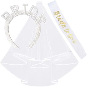 Bride To Be Sash Set Bride Veil Set Pearl Headband with Veil Sash for Women Bachelorette Party Decorations Gifts Bridal Shower Accessories (style1, white)