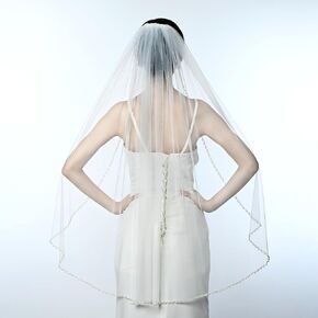 Wedding Veils for Brides 1 Tier Fingertip Length Veils for Women Wedding, Hand-sewn Pearls and Crystals Beaded Edge