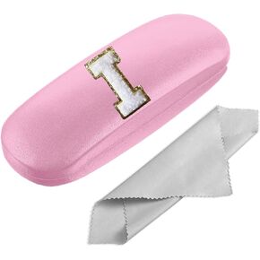 Eyeglasses Case Hard Shell, Reading Glasses Case with Cleaning Cloth, Pink Initial Letter for Men Women Girls Kids