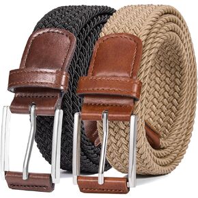 Belt for Men, 1 3/8" Mens Gift Stretch Braided Web Belt Elastic for Casual Golf Jeans, 2 Pack