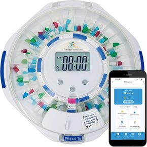 Bluetooth 28-Day Automatic Pill Dispenser, Key Lock Security, Medication Organizer up to 9 Alarms/Day, Sound & Light Alarms, Ezi-Read LCD & App Alert for Prescriptions, Vitamins, Clear Lid