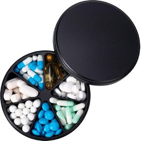 Metal Pill Dispenser Pill Organizer with 7 Compartments - Heavy Duty Anti-Mix Pill Container, Large Waterproof Daily Pill Box Pill Case for Vitamin, Medicine, Supplement, Fish Oil, 0.39lb (Black)