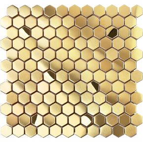 Hexagon Gold Backsplash Tile, Mosaic Sheets 12''x12'' Mesh Mounted Golden 1 Inch, Brushed Shiny Gold Tiles for Kitchen Bathroom Shower Wall Floor Accent Tile Hotel Lobby Décor【5 Sheets】