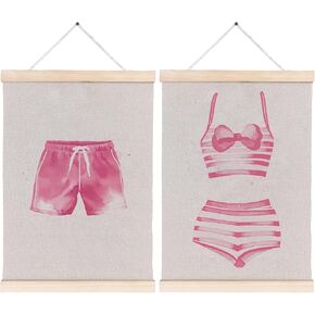 Navy Blue Swimsuits Summer Coastal Beach Wall Art Set of 2, Summer Coastal Granddaughter Room Decor, Blue and White Lake House Beach House Canvas Wall Art Poster Hanger Frame, 12x16 Inch