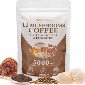 قهوة الفطر ، 11 فطرًا عضويًا بالإضافة إلى Adaptogens & Probiotics ، مع Mane Lion ، Chaga ، Reishi ، Cordyceps Complex ، القهوة الفورية للتركيز ، الطاقة ، الأمعاء ، الهضم ، المناعة - 5.3 أوقية