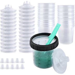 Disposable Paint Spray Gun Cups Liners and Lids 1.0 System, Paint Mixing Cups 20 Ounce(600ml) Kit - 25 Pack Paint Cups with Lids,1 Hard Cup with Retainer Ring, 10 Plugs with 1 Paint Stirrer