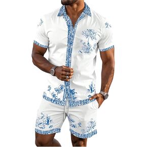 Men's 2 Piece Summer Outfits Short Sleeve Button Down Shirts and Shorts Set Beach Vacation Outfits