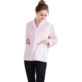 Loungees Women's Drop Needle Coral Fleece Shawl Collar Button Front Bed Jacket - 1X Pink