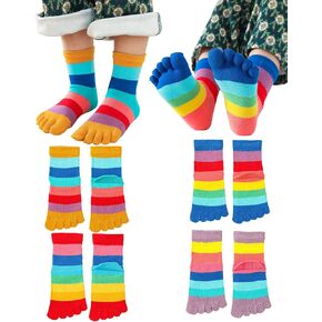 4 Pairs Cotton Five Finger Toe Socks Athletic Casual Dress Rainbow Stripe Seperated Tabi Socks for Kids Boys Girls 2-10 Years