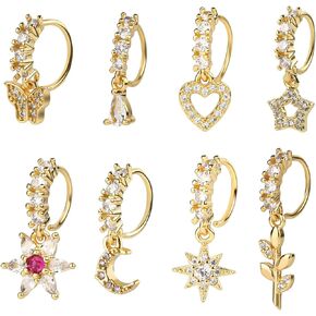 8pcs Dangle Nose Rings Hoop for Women, Copper Gold Moon Star Heart Flower Butterfly Nose Piercing Jewelry Fashionable Accessories for Party Birthday Prom