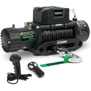 Winch 9500lb Electric Winch 12V Winch with Synthetic Rope Car Trailer Winch with Green Hawse Fairlead Wireless Remote and Wired Handle for Truck SUV Jeep
