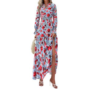 PRETTYGARDEN Women's Long Sleeve Maxi Dress Casual V Neck Smocked Waist Ruffle Flowy Boho Beach Dresses with Pockets