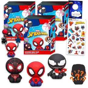 Spider-Man Spiderman Blind Box Party Favors 3 Pack - Bundle with 3 Keychain Mystery Figures Plus Stickers, More | Spiderman Bag Clips for Kids, Boys