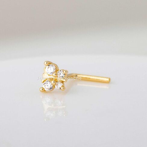 20G Solid 14K Yellow Gold 4-stone Butterfly Nose Stud, L-Shape, Nose Screw, Nose Bone Stud, CZ Accented in Saudi Arabia