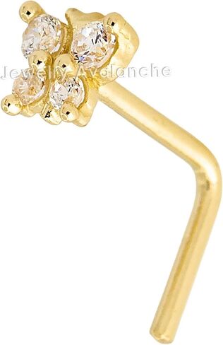 20G Solid 14K Yellow Gold 4-stone Butterfly Nose Stud, L-Shape, Nose Screw, Nose Bone Stud, CZ Accented in Saudi Arabia