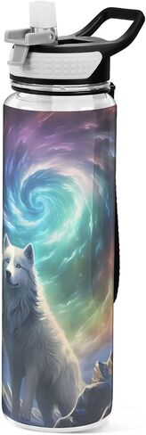 Water Bottle with Straw and Anti-dust Cover White Wolf on Mountain Top Drinking Bottle Tritan BPA-Free for School, Fitness, Gym, Camping, Outdoor Sports in Kuwait