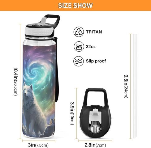 Water Bottle with Straw and Anti-dust Cover White Wolf on Mountain Top Drinking Bottle Tritan BPA-Free for School, Fitness, Gym, Camping, Outdoor Sports in Kuwait