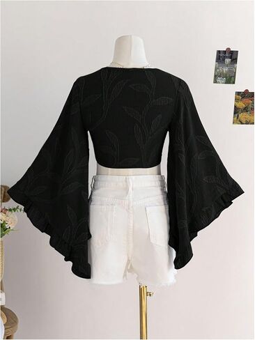 Women's Floral 70s Top Hippie Shirt Bow Tie Front Disco Deep V Ruffle Blouse in Kuwait