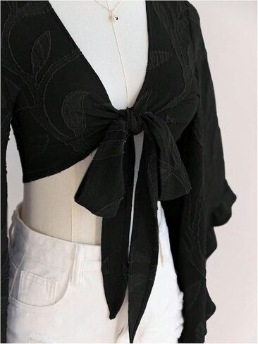 Women's Floral 70s Top Hippie Shirt Bow Tie Front Disco Deep V Ruffle Blouse in Kuwait